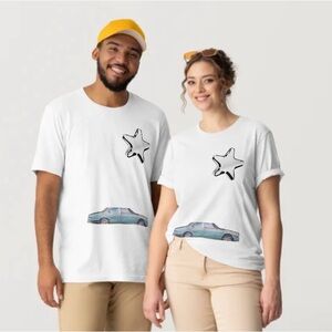 White Graphic T-Shirt with Star and Car Design